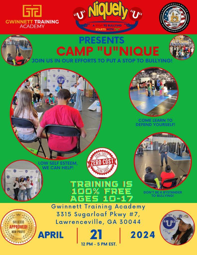 camp unique flyer, April 2024. Training is 100% free for ages ten to seventeen.