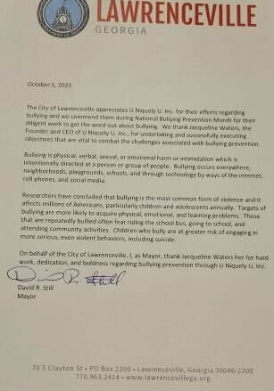 National Bullying Prevention Month Lawrenceville Letter